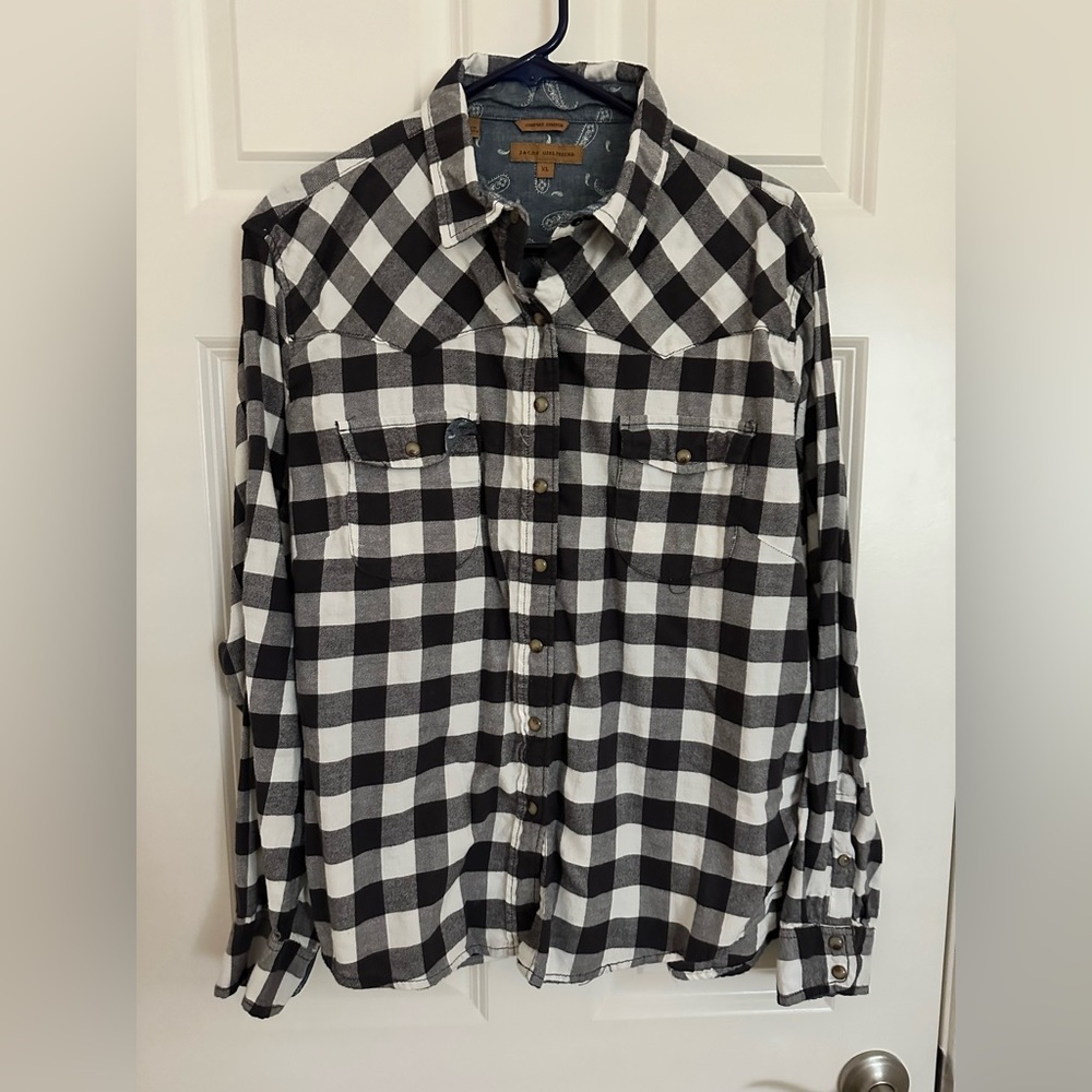 Plaid button up shirt, black and white